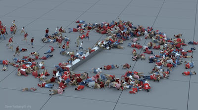 Watch a crowd of digital people cheerfully run into a giant metal propeller