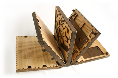 A wooden book filled with puzzles is the coolest new toy